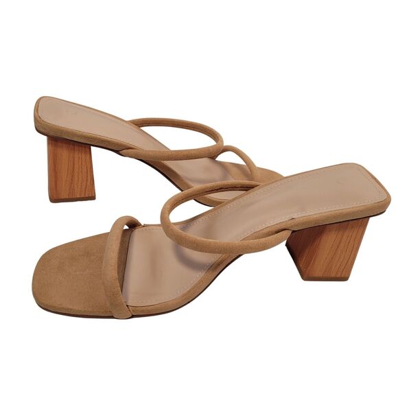 Women's Tan Suede Heeled Sandals With Block Wooden Heel & Strappy Design Size 8 - Picture 4 of 12